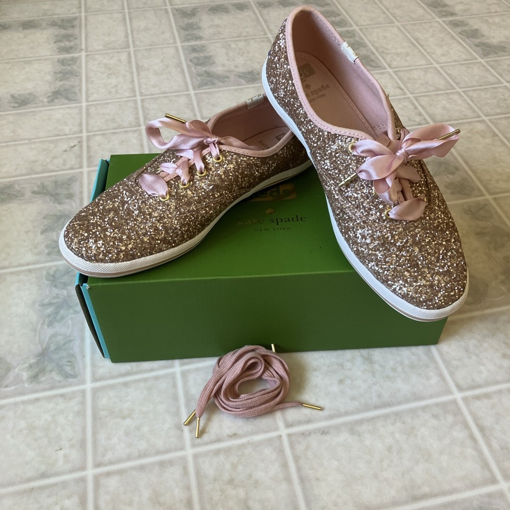 Keds x kate spade new york Glitter Dipped Satin Lace Sneaker Rose Gold sz 7.5